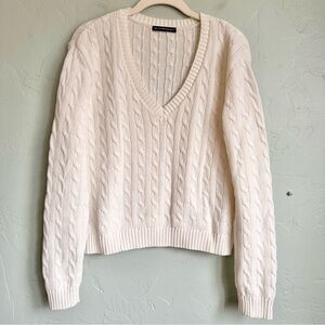 Brandy‎ Melville Women Cream White Preppy Classic V-Neck Cable Knit Sweater EUC